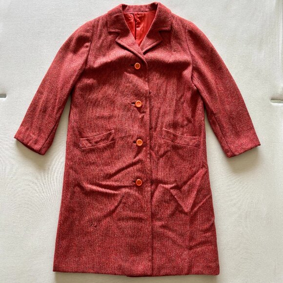 Unknown Jackets & Blazers - Vintage Cranberry Wool Tweed Weave Coat with Bakelite-Look Buttons Medium